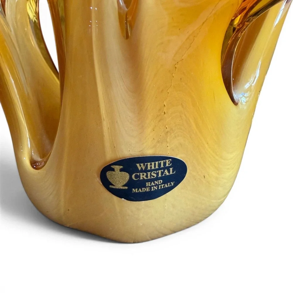 Vintage Murano Glass Vase White Cristal Hand Made Italy Amber Gold Art Glass 6